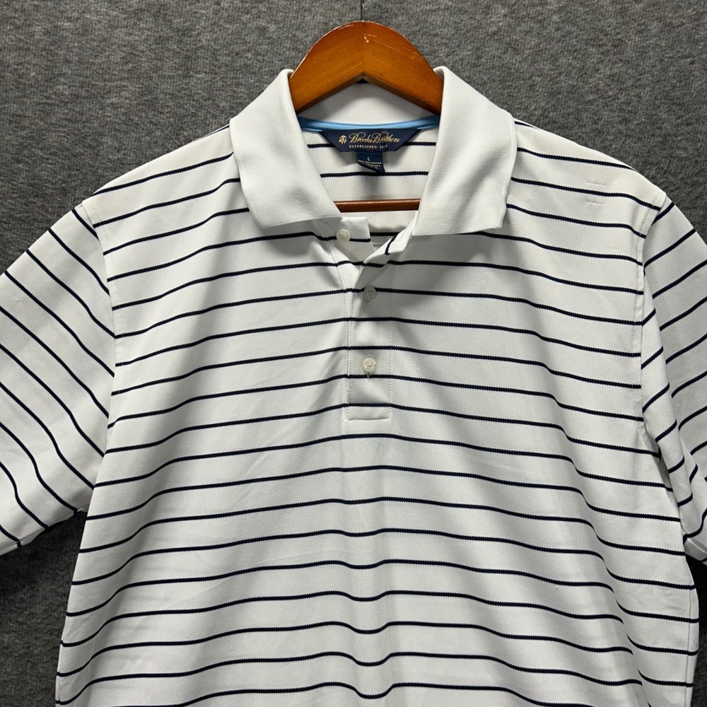 Brooks Brothers Mens Performance Striped Polo Shirt White Navy Blue Large L